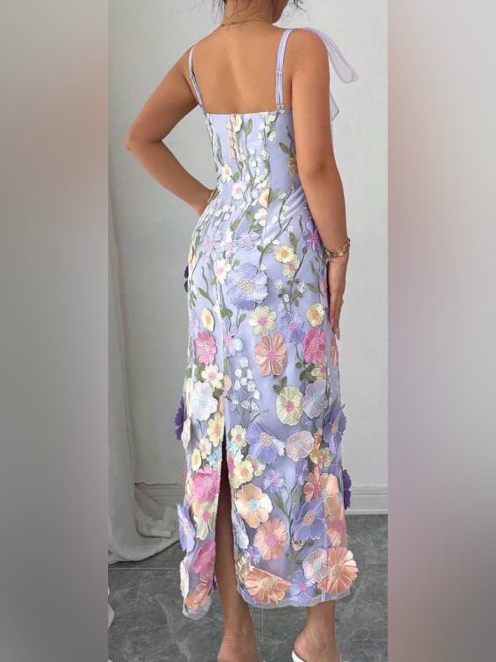 BIG SALE(3for $50)- Lilac Floral Embroidered Midi Dress with Tie-Shoulder Straps - Picture 2 of 8